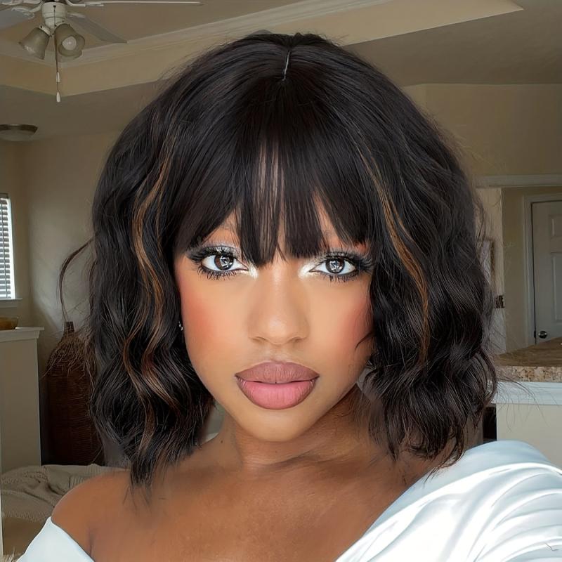 Short Curly Bob Cut Synthetic Wig With Bangs Natural Looking