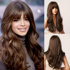Long Natural Wavy Platinum Blonde Wigs With Bangs