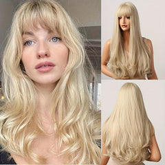 Long Natural Wavy Platinum Blonde Wigs With Bangs