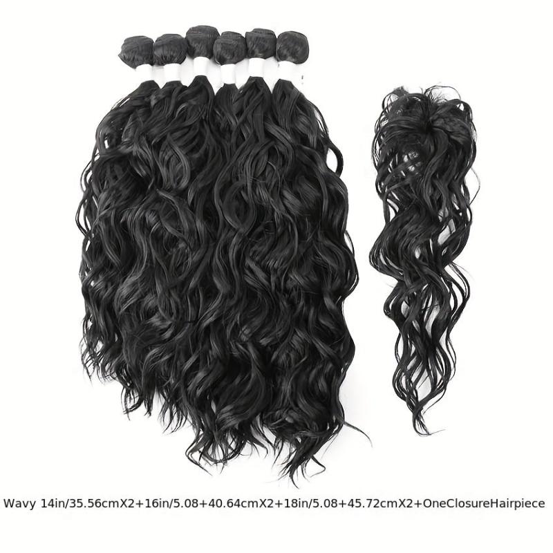 Natural Wavy Synthetic Hair 6 Bundles With 1 Lace Closure Heat Resistant Weave