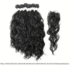 Natural Wavy Synthetic Hair 6 Bundles With 1 Lace Closure Heat Resistant Weave