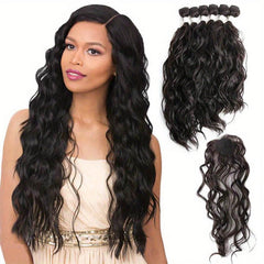 Natural Wavy Synthetic Hair 6 Bundles With 1 Lace Closure Heat Resistant Weave