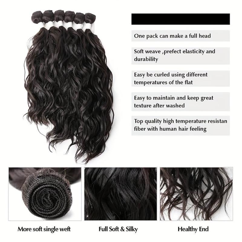 Natural Wavy Synthetic Hair 6 Bundles With 1 Lace Closure Heat Resistant Weave