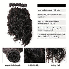 Natural Wavy Synthetic Hair 6 Bundles With 1 Lace Closure Heat Resistant Weave