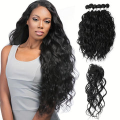 Natural Wavy Synthetic Hair 6 Bundles With 1 Lace Closure Heat Resistant Weave