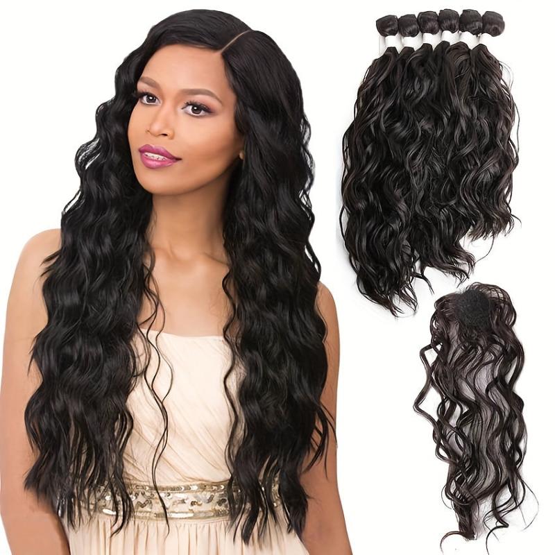 Natural Wavy Synthetic Hair 6 Bundles With 1 Lace Closure Heat Resistant Weave