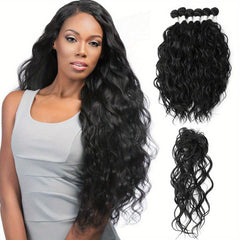 Natural Wavy Synthetic Hair 6 Bundles With 1 Lace Closure Heat Resistant Weave