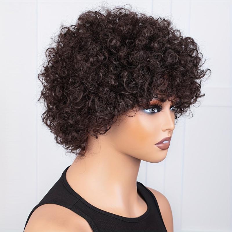 Afro Kinky Curly Human Hair Wig Short Pixie Cut Brazilian Brown Full Wig