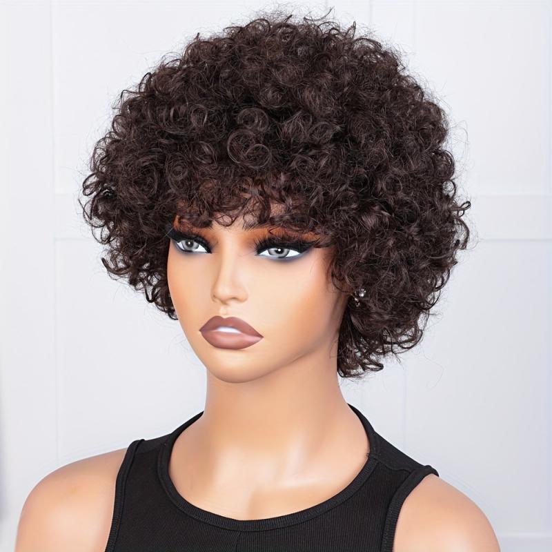 Afro Kinky Curly Human Hair Wig Short Pixie Cut Brazilian Brown Full Wig