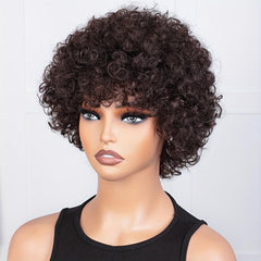 Afro Kinky Curly Human Hair Wig Short Pixie Cut Brazilian Brown Full Wig