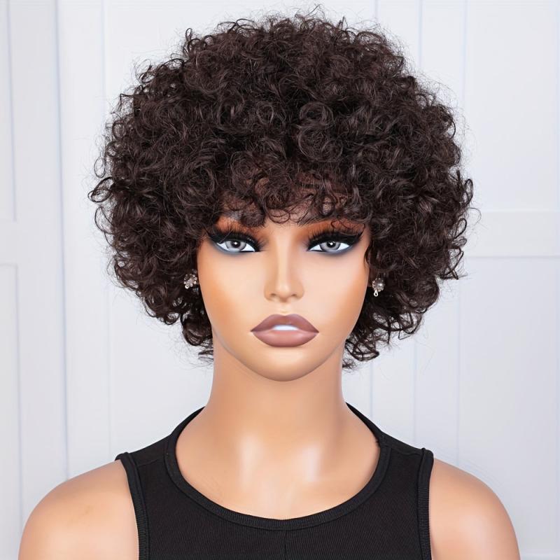 Afro Kinky Curly Human Hair Wig Short Pixie Cut Brazilian Brown Full Wig