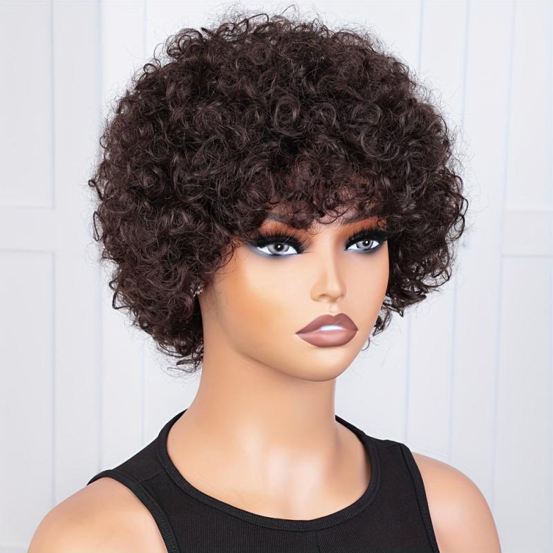 Afro Kinky Curly Human Hair Wig Short Pixie Cut Brazilian Brown Full Wig