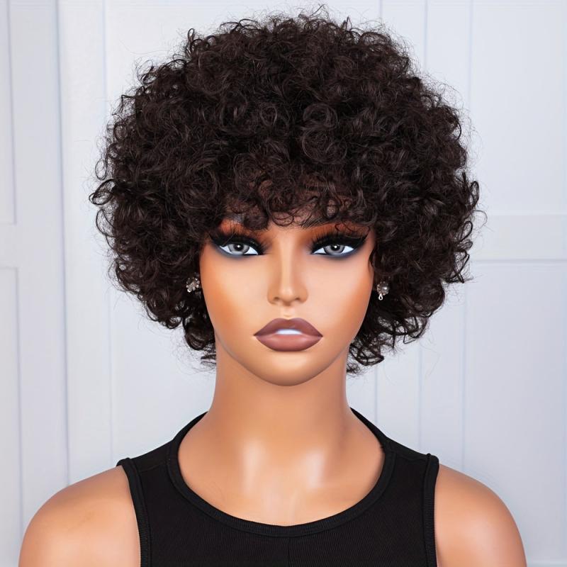 Afro Kinky Curly Human Hair Wig Short Pixie Cut Brazilian Brown Full Wig