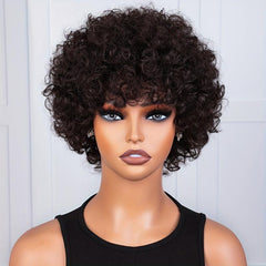 Afro Kinky Curly Human Hair Wig Short Pixie Cut Brazilian Brown Full Wig