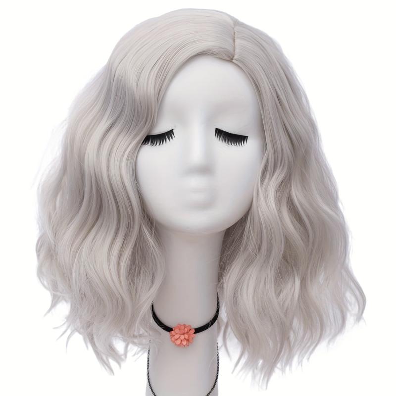 Gray Short Wave Natural Hair Wig with Bangs