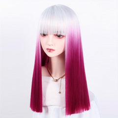 72 Cm Pink Ombre Long Straight Wigs with Bangs Two Tone Wigs Synthetic Fiber