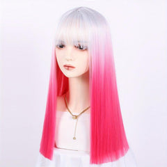 72 Cm Pink Ombre Long Straight Wigs with Bangs Two Tone Wigs Synthetic Fiber
