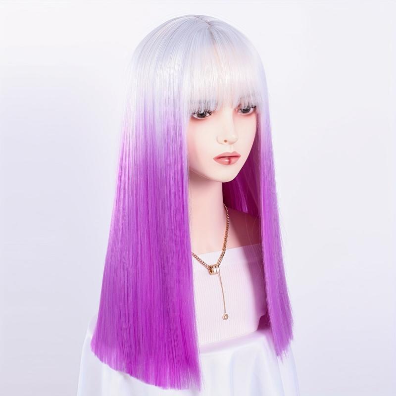 72 Cm Pink Ombre Long Straight Wigs with Bangs Two Tone Wigs Synthetic Fiber