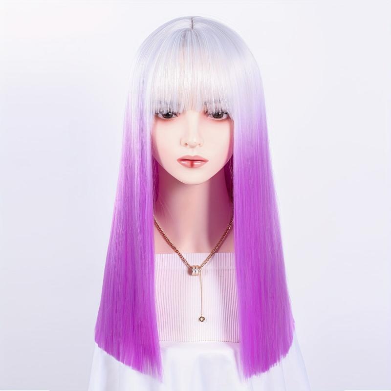72 Cm Pink Ombre Long Straight Wigs with Bangs Two Tone Wigs Synthetic Fiber