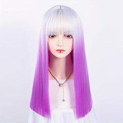 72 Cm Pink Ombre Long Straight Wigs with Bangs Two Tone Wigs Synthetic Fiber