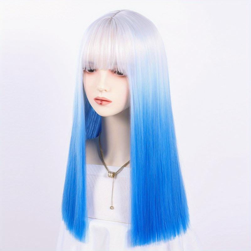 72 Cm Pink Ombre Long Straight Wigs with Bangs Two Tone Wigs Synthetic Fiber