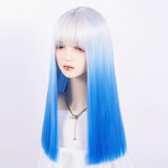 72 Cm Pink Ombre Long Straight Wigs with Bangs Two Tone Wigs Synthetic Fiber