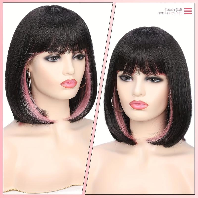30 48 Cm Highlight Blonde Short Bob Wig Heat Resistant Synthetic Hair with Bangs