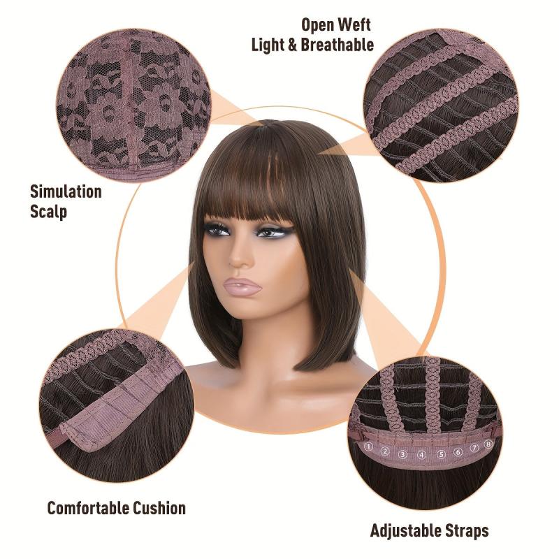 Caramel Brown Short Bob Wig with Bangs Synthetic Heat Resistant Fiber