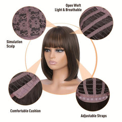 Caramel Brown Short Bob Wig with Bangs Synthetic Heat Resistant Fiber