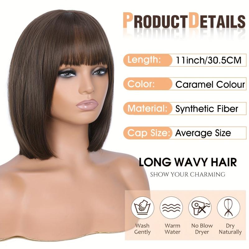 Caramel Brown Short Bob Wig with Bangs Synthetic Heat Resistant Fiber