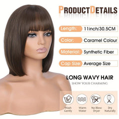Caramel Brown Short Bob Wig with Bangs Synthetic Heat Resistant Fiber