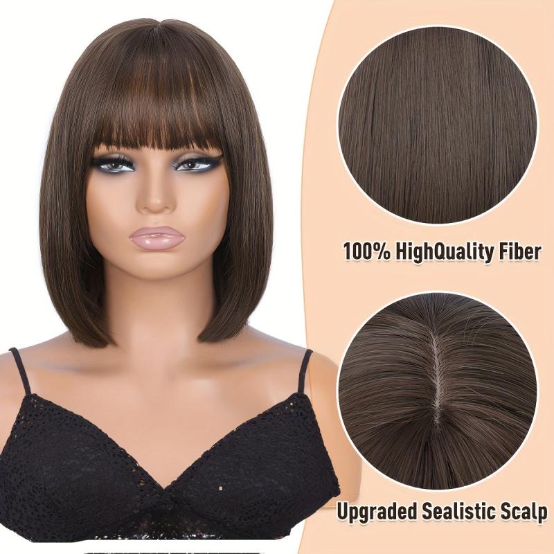 Caramel Brown Short Bob Wig with Bangs Synthetic Heat Resistant Fiber