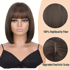 Caramel Brown Short Bob Wig with Bangs Synthetic Heat Resistant Fiber