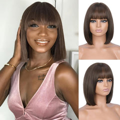 Caramel Brown Short Bob Wig with Bangs Synthetic Heat Resistant Fiber