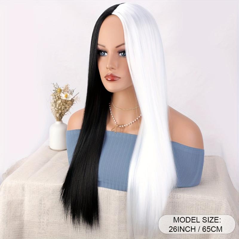 Long Straight Hair Half And Half Wig Heat Resistant Synthetic Hair Wig