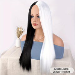 Long Straight Hair Half And Half Wig Heat Resistant Synthetic Hair Wig