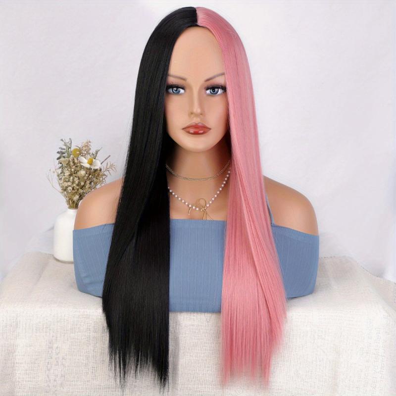 Long Straight Hair Half And Half Wig Heat Resistant Synthetic Hair Wig