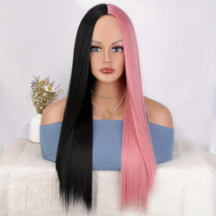 Long Straight Hair Half And Half Wig Heat Resistant Synthetic Hair Wig