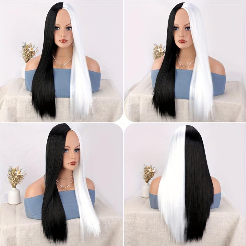 Long Straight Hair Half And Half Wig Heat Resistant Synthetic Hair Wig
