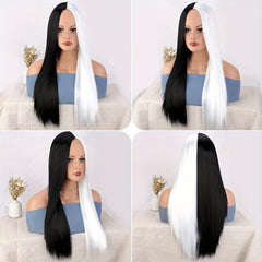 Long Straight Hair Half And Half Wig Heat Resistant Synthetic Hair Wig