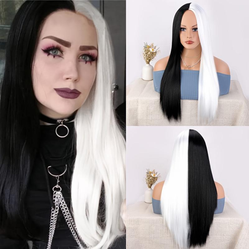 Long Straight Hair Half And Half Wig Heat Resistant Synthetic Hair Wig