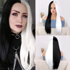 Long Straight Hair Half And Half Wig Heat Resistant Synthetic Hair Wig