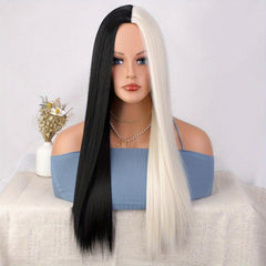 Long Straight Hair Half And Half Wig Heat Resistant Synthetic Hair Wig