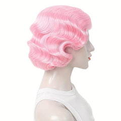 Pink Finger Wave Bob Wig Short Curly Halloween Cosplay Party Wig