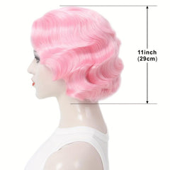 Pink Finger Wave Bob Wig Short Curly Halloween Cosplay Party Wig