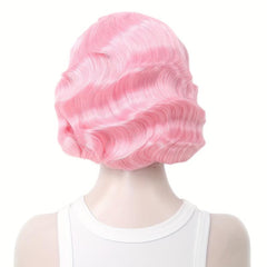 Pink Finger Wave Bob Wig Short Curly Halloween Cosplay Party Wig