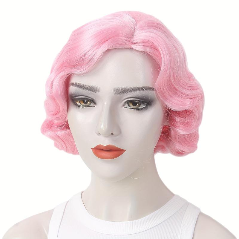 Pink Finger Wave Bob Wig Short Curly Halloween Cosplay Party Wig