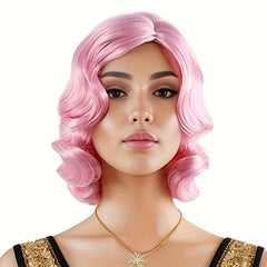 Pink Finger Wave Bob Wig Short Curly Halloween Cosplay Party Wig