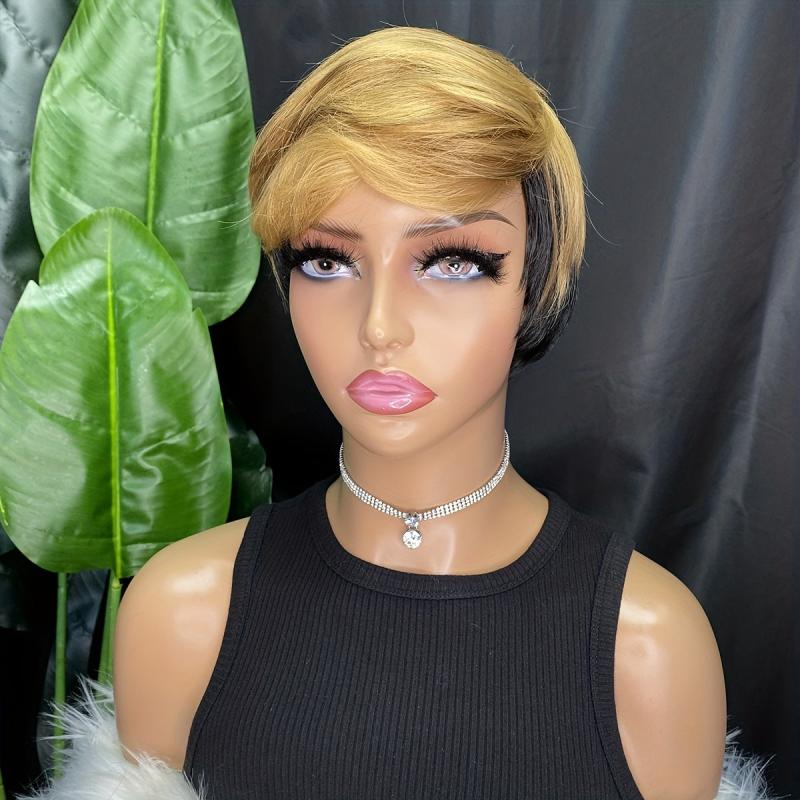 Wavy Ombre Brown Mixed Short Pixie Wig With Bangs