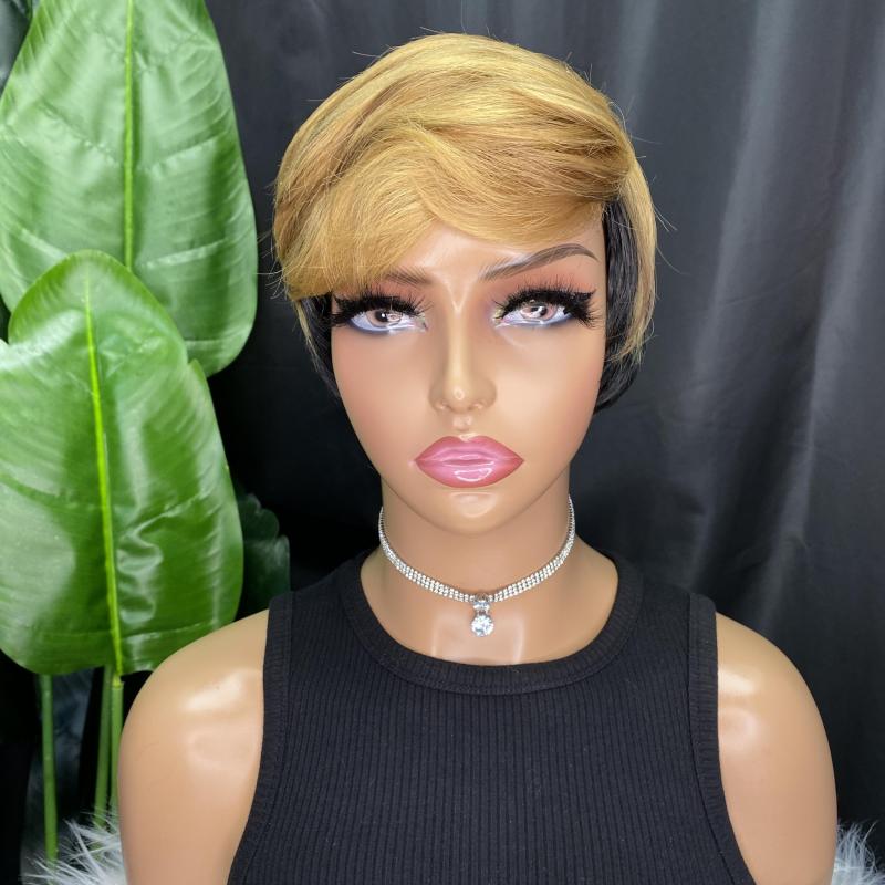 Wavy Ombre Brown Mixed Short Pixie Wig With Bangs